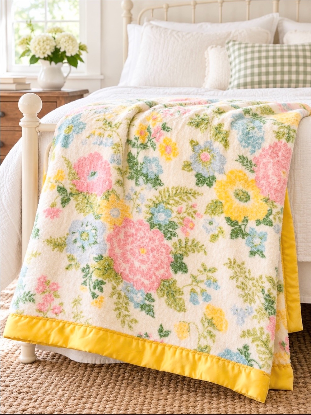 Vintage 60s 70s Acrylic Floral Blanket | Satin Trim | Tags Removed | Farmhouse